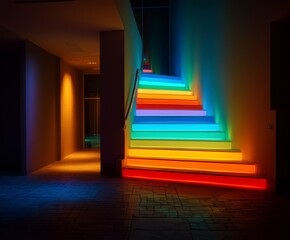 Floating Neon Stairs in Glass Atrium