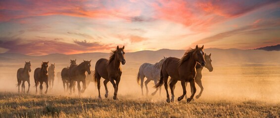 Fototapeta premium A majestic herd of horses gallops freely across a vast, golden field at dusk, bathed in the warm, diffused light of the setting sun, evoking a sense of freedom and untamed spirit.