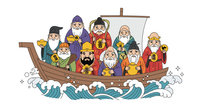Illustration of the Shichifukujin, the Seven Lucky Gods of Japanese mythology, sailing together on their treasure ship, Takarabune.