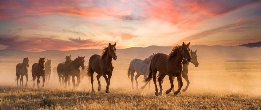 A majestic herd of horses gallops freely across a vast, golden field at dusk, bathed in the warm, diffused light of the setting sun, evoking a sense of freedom and untamed spirit.
