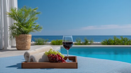 Obraz premium Elegant Tray with Wine Glass and Fruits by Infinity Pool on a Sunny Day