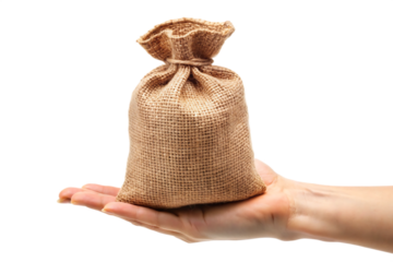 Hand holding bag sackcloth, isolated on white background.png