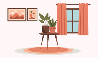 Cozy Home Interior Design Vector Illustration with Potted Plants, Window, and Modern Wall Art Decor. Peaceful Room Scene.