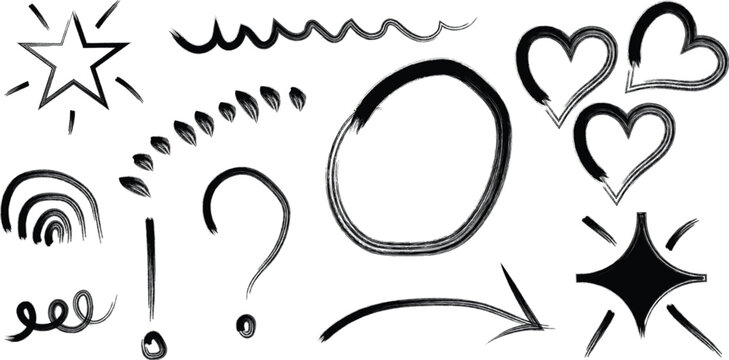 Collection of black silhouette doodles and shapes including hearts stars and question marks