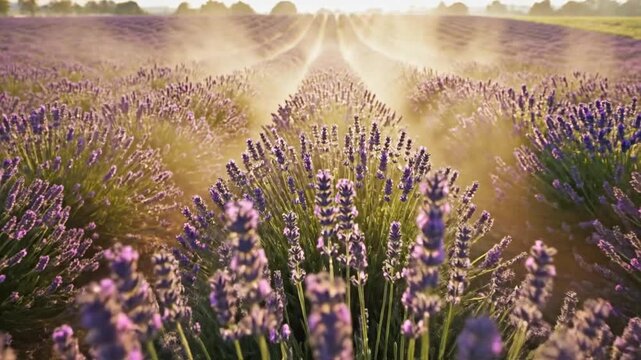 A serene lavender field at sunrise, with rows of blooming lavender stretching into the distance, enveloped in soft morning mist, creating a tranquil atmosphere for relaxation and nature appreciation