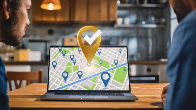 Real estate search concept, teamwork viewing a digital map with location pins on a laptop. Smart property search, location analysis, housing investment decision, and modern real estate technology.