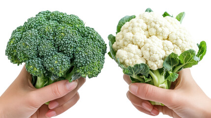 Broccoli and cauliflower two hands holding fresh florets natural texture on transparent background