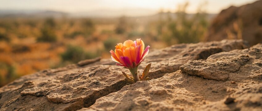 A tenacious desert bloom pushing through harsh rock, symbolizes resilience, hope, and the enduring power of life against a backdrop of arid beauty.