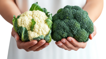Broccoli and cauliflower two hands holding fresh florets natural texture on transparent background