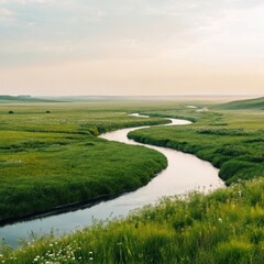 Obraz premium Winding river flowing through lush green grasslands under a soft sky
