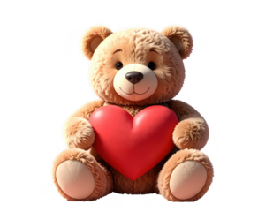 Cute teddy bear holding a pink heart isolated on transparent background, a sweet and adorable plush toy for valentines day or any special occasion