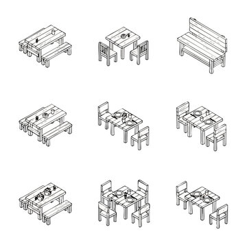 Set of wooden picnic tables and dining sets in isometric view, line art.