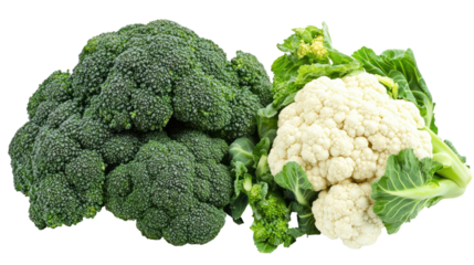 Broccoli and cauliflower two piles arranged evenly natural texture on transparent background