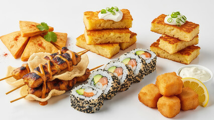 A variety of Asian fusion foods including sushi and grilled meat skewers on a white surface