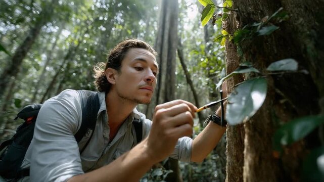 Botanist in Lush Exploration: A dedicated botanist delves into the heart of a vibrant rainforest, meticulously examining a unique leaf specimen, his face etched with focus.
