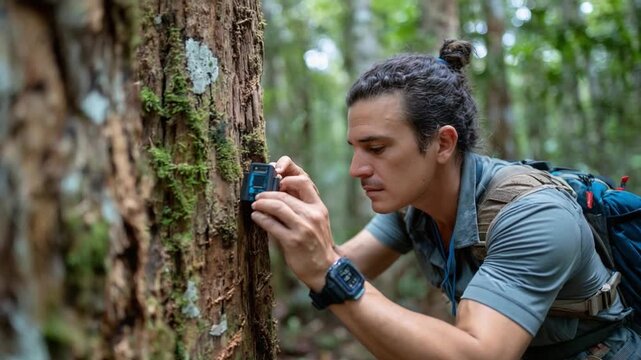 Scientist in the Jungle: A focused researcher meticulously examines a scientific instrument affixed to a tree trunk, deep within a verdant, sun-dappled jungle. A testament to scientific exploration
