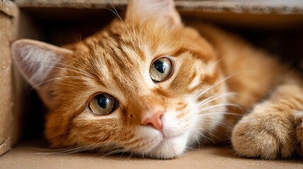 A close-up shot of a ginger cat with large, expressive eyes relaxing inside a cardboard box. Focus on the feline's face and soft fur