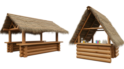 Rustic log and thatch market stall with beverage station