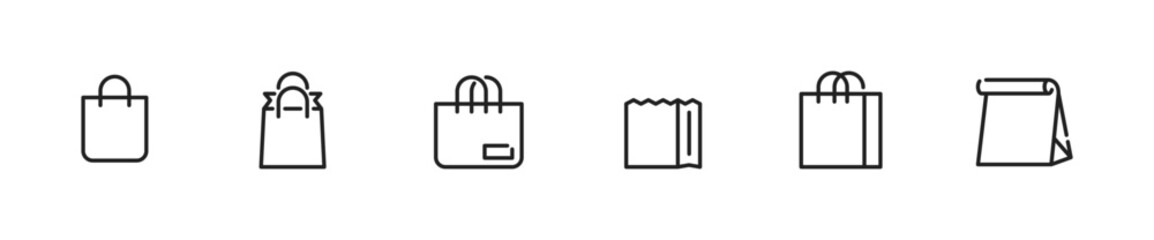 Shopping cart, basket and bags icon set. Line shopping cart, bag, basket icons collection. Vector illustration.