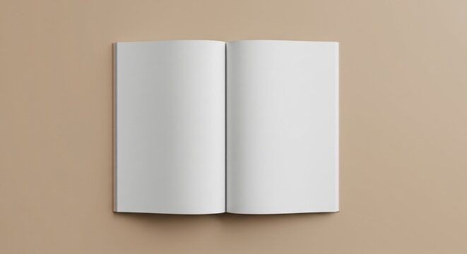 Maquette de magazine ou brochure ouverte avec pages blanches sur fond beige - Vue de dessus