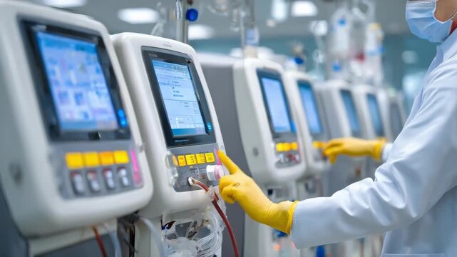 Closeup of medical staff operating advanced dialysis machines in a clinical center emphasizing professional monitoring and efficient treatment procedures.