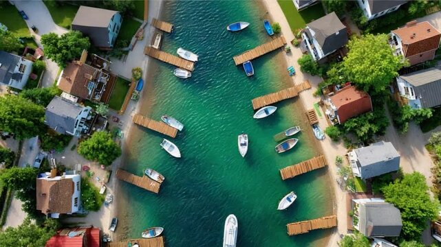 Seaside Village: Aerial View of a charming coastal village where boats bob gently on the tranquil water near wooden docks, a picturesque scene.