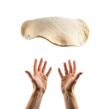 Chef pizza maker's hands in flour throwing and tossing dough in air, isolated on transparent background. Pizza acrobatics and freestyle, entertainment for customers. Pizzaiolo skilled profession