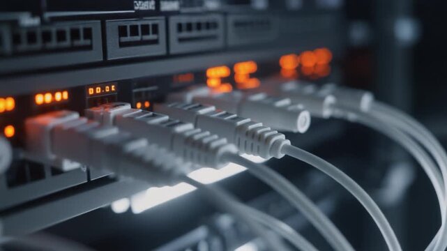 Network cables connected with blinking indicator lights