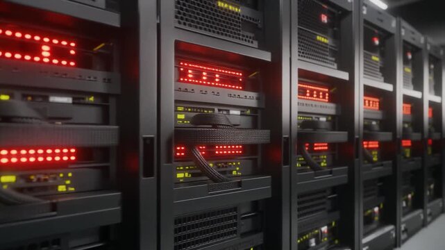 Data Center Servers Blinking Red and Yellow Lights
