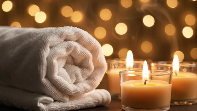 Relaxing Spa Ambiance with Rolled Towels and Lit Candles.