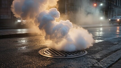 Steam billows dramatically from a city sewer grate, transforming an ordinary urban scene into a mesmerizing display of nature's forces at work.