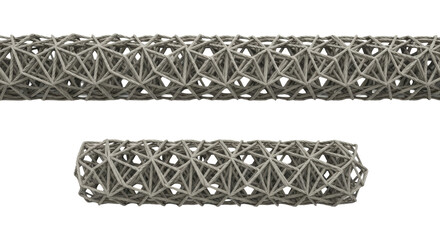 Two isolated, hyper-detailed horizontal borders with tightly interlocking greige geometric patterns resembling braided wire, against a transparent background. Concept of precise abstract geometry