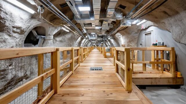 Underground Passage: A long wooden walkway, illuminated by soft lights, extends into an underground passage. The natural rock walls create an intriguing tunnel environment.
