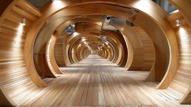 Architectural Elegance: A stunning perspective of a modern wooden walkway, a testament to innovative design and structural brilliance. This interior space features warm illumination.