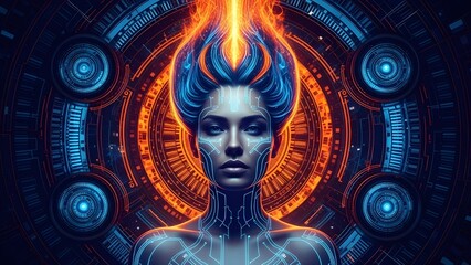 Futuristic Artificial Intelligence Woman with Digital Neural Interface
