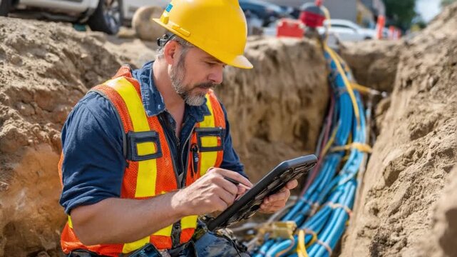Analyzing Infrastructure: A construction worker, equipped with a yellow hard hat and safety vest.
