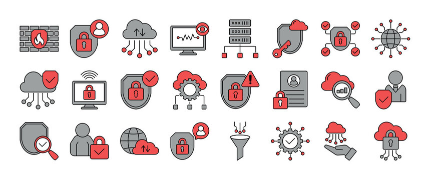Minimalist outline icon set of secure access service edge SASE and cloud networking. Features icons for VPN, encryption, threat detection, and digital privacy. Fully editable vector graphics for profe