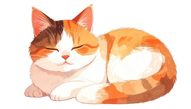 目を細めて眠そうな、ほのぼのとした可愛い三毛猫ちゃんのイラスト素材