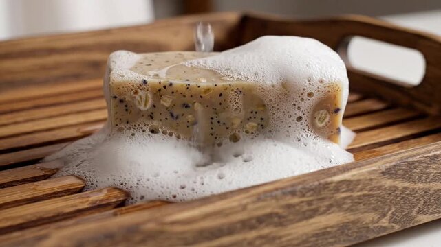 Water pouring onto a natural soap bar creating abundant foam on a wooden tray.