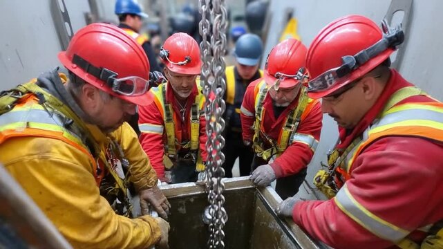 Working Together: A team of construction workers is working diligently with chains inside a confined space, wearing protective gear, highlighting the importance of collaboration and safety on the job.