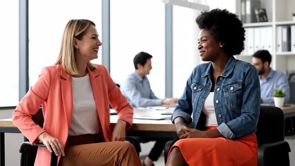 Two Cheerful Diverse Businesswomen Laughing and Conversing in Modern Office, Highlighting Teamwork and Positive Workplace Culture