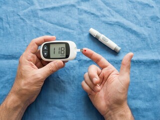 A close-up of hands measuring blood sugar level with a glucose meter and lancet pen, emphasizing diabetes management.