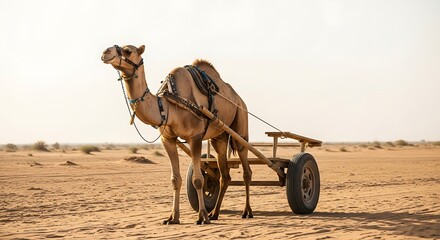 Camel standing in desert with traditional wooden cart