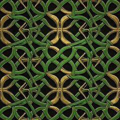Celtic Knotwork Pattern Green and Gold Interlaced Design.