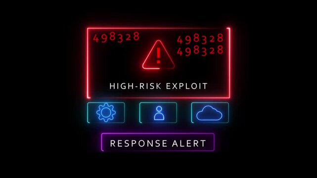 Cybersecurity High- Risk Exploit Alert Screen With Neon Lights And Icons high-risk exploit warning