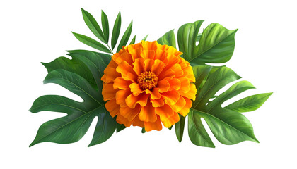 Vibrant orange flower and green leaves on a transparent backdrop