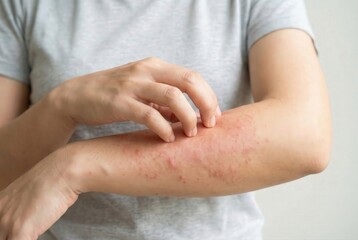 Close-up of a person scratching an itchy skin rash on their arm, highlighting discomfort and skin irritation.