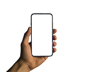 a neutral professional hand holding a modern black smartphone with a blank screen, sharply focused against a vibrant urban night bokeh background. concept for high-end technology advertising