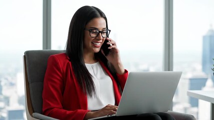 Cheerful young businesswoman multitasking in a modern office, talking on a phone and typing on a laptop with a city view. - Powered by Adobe