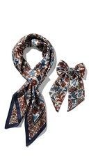 Elegant Silk Scarf and Bow Set with Floral Pattern Design.